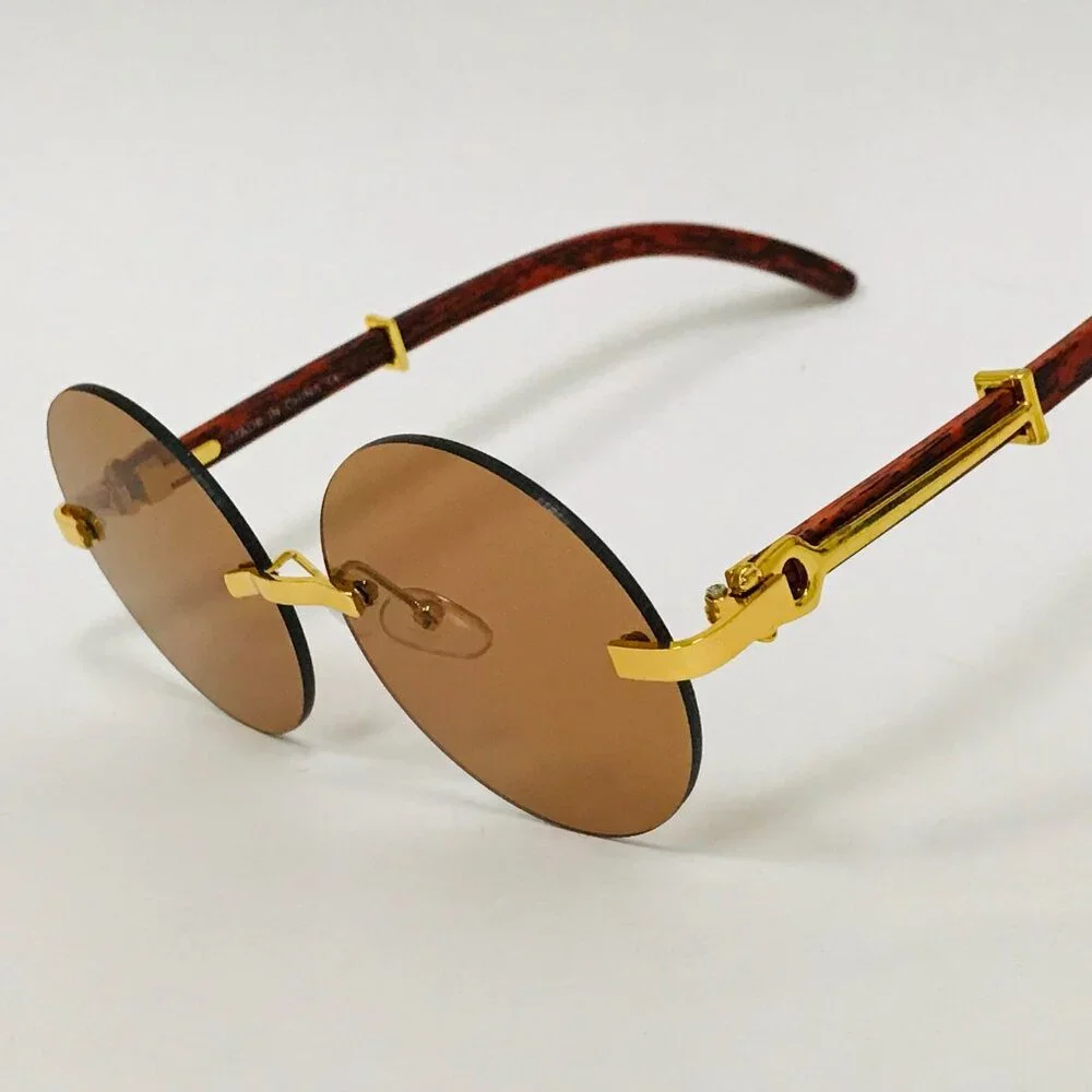 Round Brown Lens Men Sunglasses  Gold Frame Hip Hop Style Buffs Woody Arms Gafas